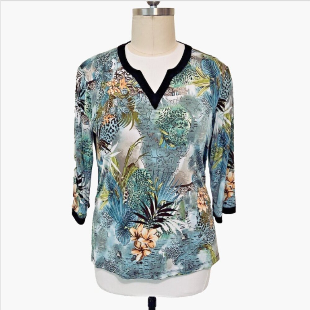 Klaveli - Continental Map Leopard Print Montage Tunic Notch Neck 3/4 Sleeve
